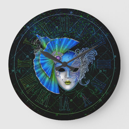 Mardi Gras Clock, Blue Green Mardi Gras Mask Große Wanduhr (Vorderseite)