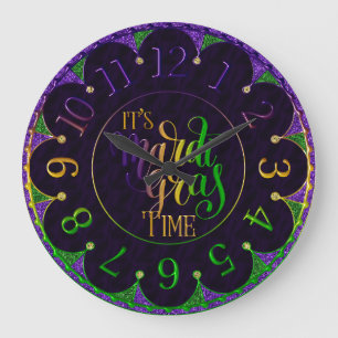 Mardi Gras Clock, farbenfroh ist Mardi Gras Time L Große Wanduhr