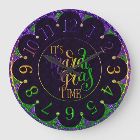 Mardi Gras Clock, farbenfroh ist Mardi Gras Time L Große Wanduhr (Vorderseite)