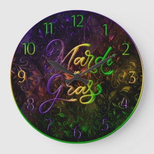 Mardi Gras Clock, farbenfroh Mardi Gras floral Große Wanduhr