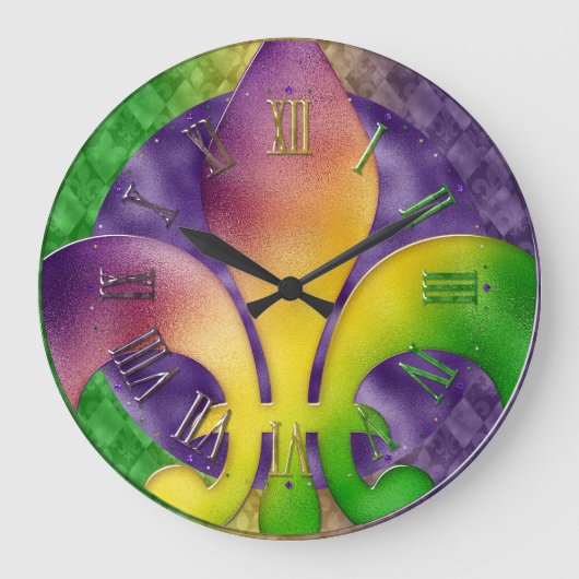 Mardi Gras Clock, farbenfrohe Lilie Große Wanduhr (Vorderseite)