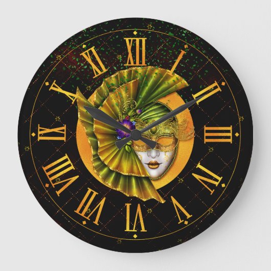 Mardi Gras Clock, Karneval Grüne Goldene Maske Große Wanduhr (Vorderseite)