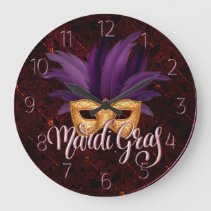 Mardi Gras Clock, Mardi Gras Feather Mask Große Wanduhr