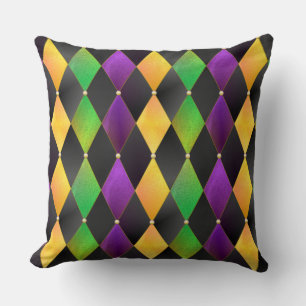 Mardi Gras Colors Diamond Harlequin Raute - Schwar Kissen