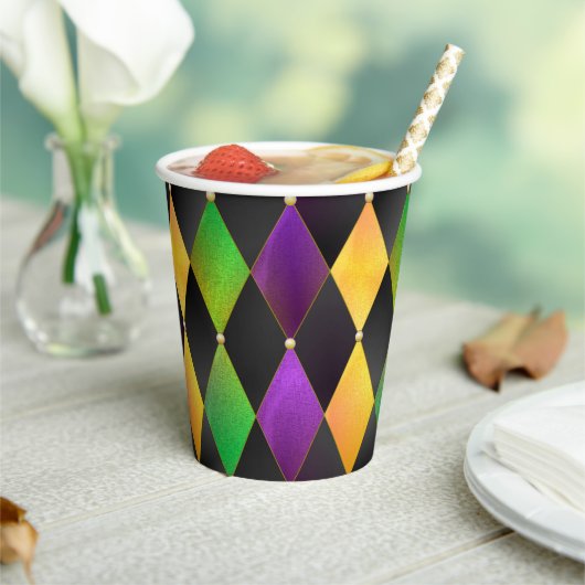 Mardi Gras Colors Diamond Harlequin Raute - Schwar Pappbecher (In Situ)