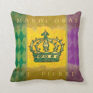 Mardi Gras Crown Lila Gold Family Name Monogramm Kissen
