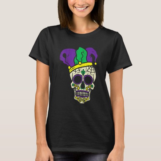 Mardi Gras Cute Skull Jester Hat Masked Beads Fest T-Shirt (Vorderseite)