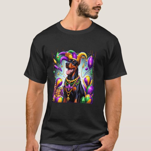 Mardi Gras Dobermann Hund T-Shirt (Vorderseite)