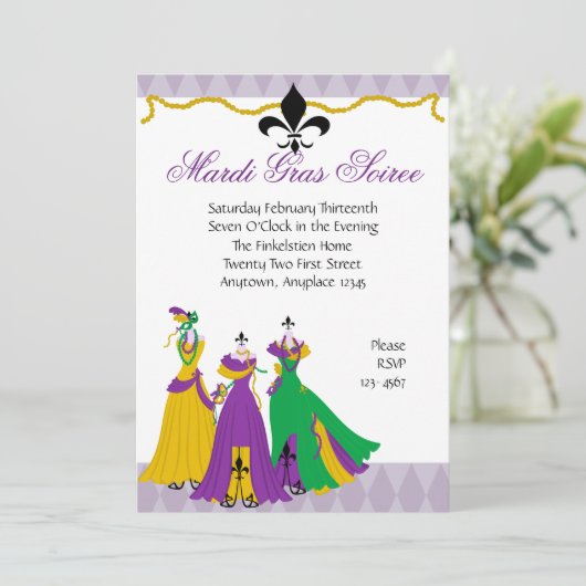Mardi Gras Dress Shop Einladung (Stehend Vorderseite)