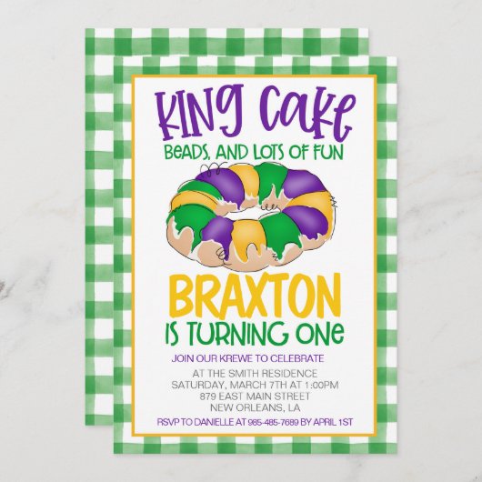 Mardi Gras Einladung zum ersten Geburtstag (Vorne/Hinten)