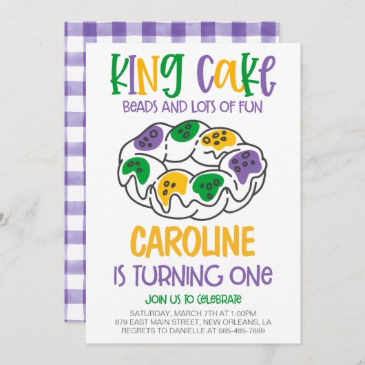 Mardi Gras Einladung zum ersten Geburtstag (Vorne/Hinten)