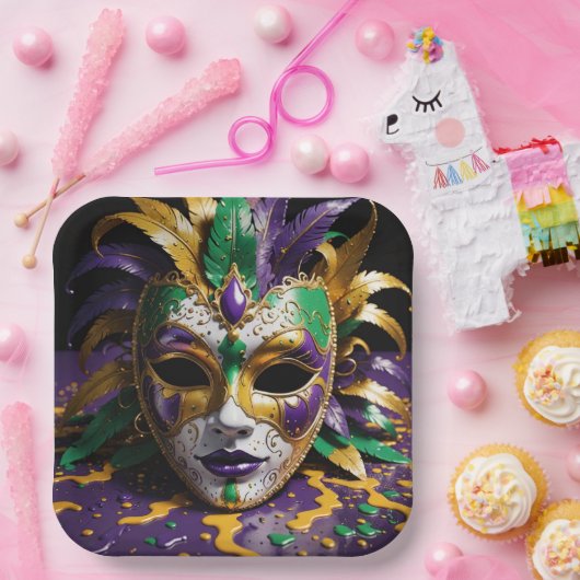 Mardi Gras Face Mask Party Pappteller (Party)