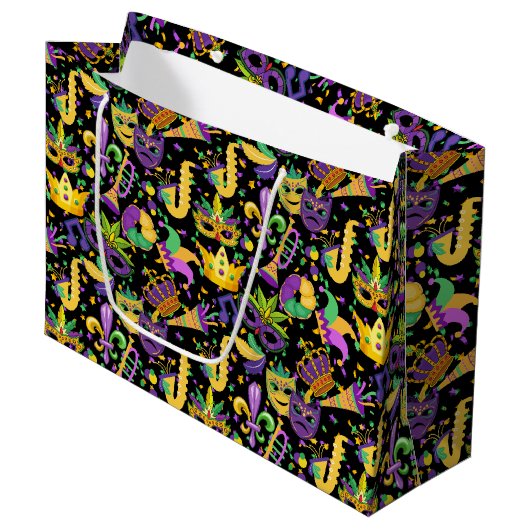 Mardi gras Farben Schwarz BG Große Geschenktüte (Vorderseite Schrägansicht)