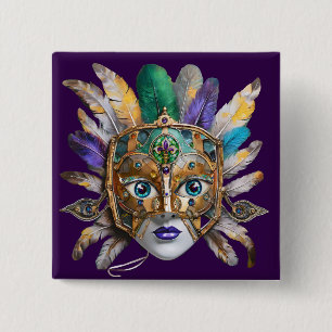 Mardi Gras Feather und Metallmaske Button