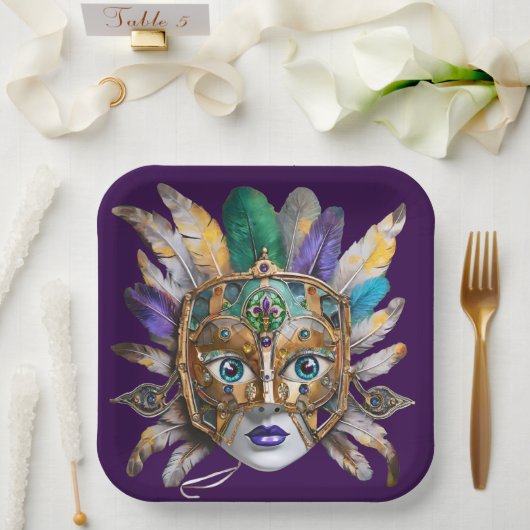 Mardi Gras Feather und Metallmaske Pappteller (Hochzeit)