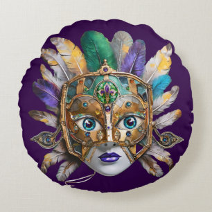 Mardi Gras Feather und Metallmaske Rundes Kissen