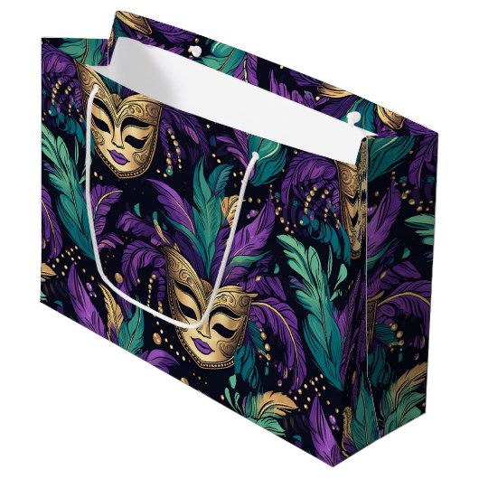 Mardi Gras Federn und Maske Große Geschenktüte (Vorderseite Schrägansicht)