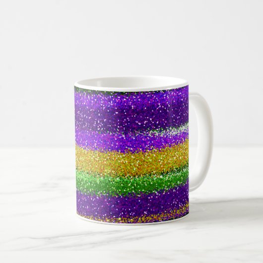 Mardi Gras Fest Lila Gelbgrüner Glitzer Kaffeetasse (VorderseiteRechts)
