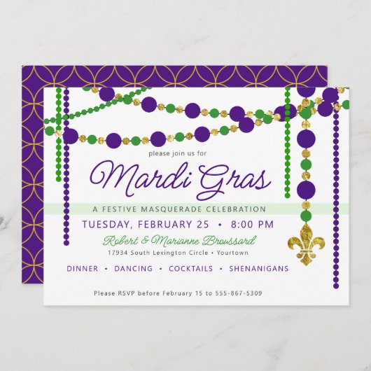 Mardi Gras Festlicher Karneval Einladung (Vorne/Hinten)