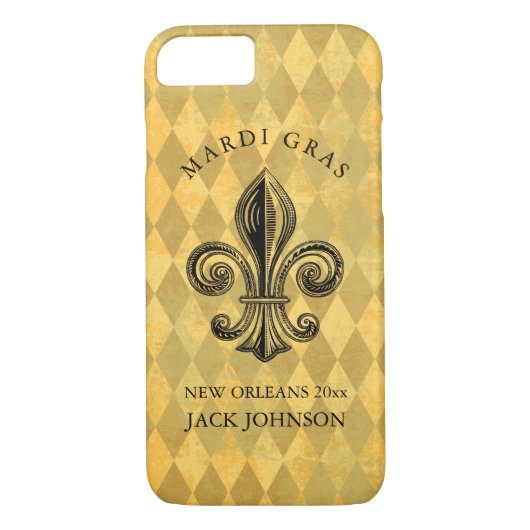 Mardi Gras Fleur-de-lis Harlequin Add Name & Year Case-Mate iPhone Hülle (Rückseite)