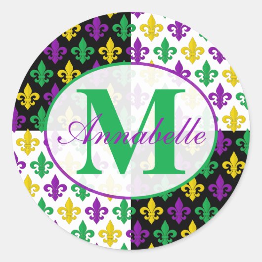 Mardi Gras Fleur-de-lis Muster Personalisiert Runder Aufkleber (Vorderseite)