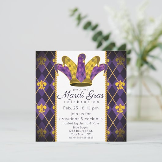 Mardi Gras fleur-de-lis Raute Jester Hat Einladung (Stehend Vorderseite)