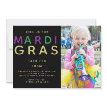 Mardi Gras Foto Einladung - Modernes Lila Grün