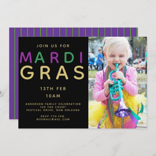 Mardi Gras Foto Einladung - Modernes Lila Grün (Vorne/Hinten)