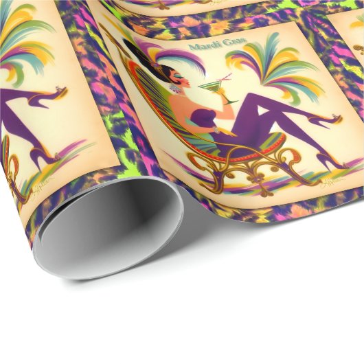 Mardi Gras Frau Mitte des Jahrhunderts mit Martini Geschenkpapier (Rolleneckpunkt)