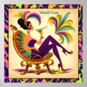 Mardi Gras Frau Mitte des Jahrhunderts mit Martini Poster