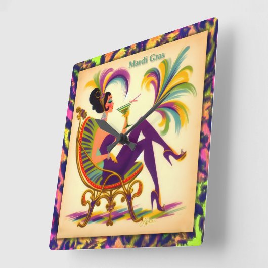 Mardi Gras Frau Mitte des Jahrhunderts mit Martini Quadratische Wanduhr (Winkel)
