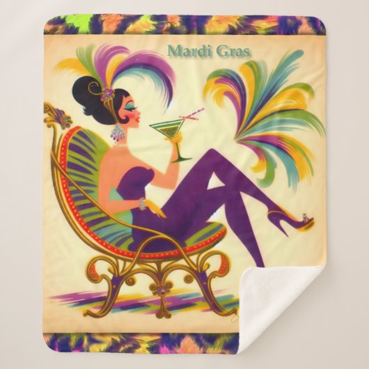 Mardi Gras Frau Mitte des Jahrhunderts mit Martini Sherpadecke (Vorderseite)