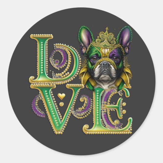 Mardi Gras French Bulldog Word LIEBE Masquerade Runder Aufkleber (Vorderseite)