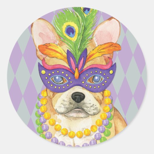Mardi Gras Frenchie Runder Aufkleber (Vorderseite)