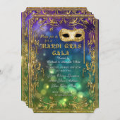 Mardi Gras Gala Masquerade Maske Bokeh Gold Glitze Einladung (Vorne/Hinten)