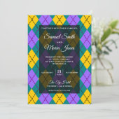 Mardi Gras Gelbe Lila Raute Einladung Hochzeit (Stehend Vorderseite)