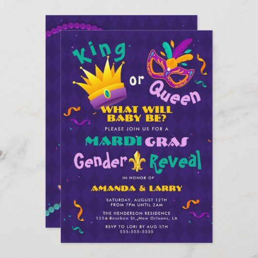 Mardi Gras Gender Reveal Einladung (Vorne/Hinten)