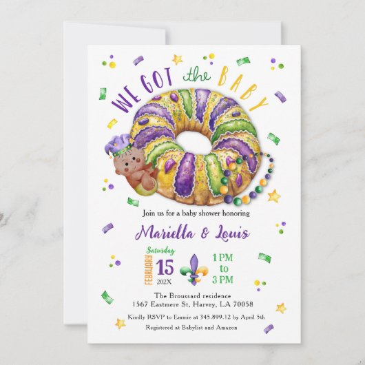 Mardi Gras Gender Reveal King Cake  Einladung (Vorderseite)