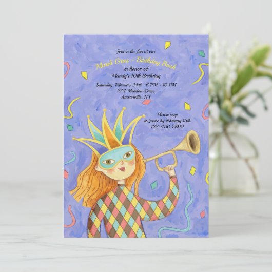 Mardi Gras Girl Einladung zum Geburtstag (Stehend Vorderseite)
