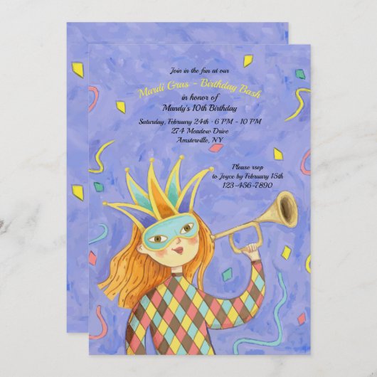 Mardi Gras Girl Einladung zum Geburtstag (Vorne/Hinten)