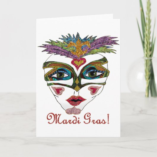 Mardi Gras Glitzer Feather Maske Karte (Vorderseite)