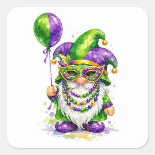 Mardi Gras Gnom mit Partyballon Quadratischer Aufkleber