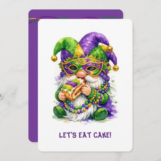 Mardi Gras Gnome Eating King Cake Einladung (Vorne/Hinten)