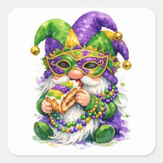 Mardi Gras Gnome Eating King Cake Quadratischer Aufkleber (Vorderseite)