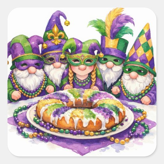 Mardi Gras Gnome Party With King Cake Quadratischer Aufkleber (Vorderseite)