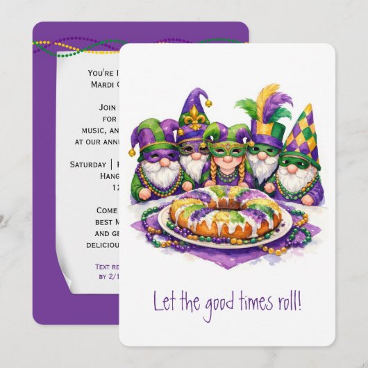Mardi Gras Gnome with King Cake Einladung (Vorne/Hinten)