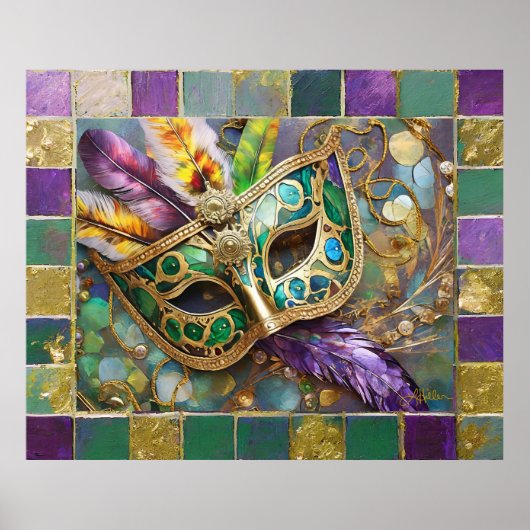 Mardi Gras Gold & Green Feathful Maske Poster (Vorne)