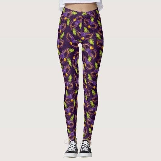 Mardi Gras Gold Green Lila Mask Leggings (Vorderseite)