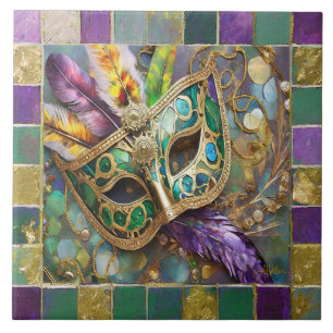 Mardi Gras Gold & Grün Farbige Federn Maske Fliese