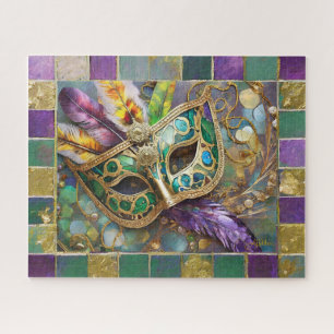 Mardi Gras Gold & Grün Farbige Federn Maske Puzzle